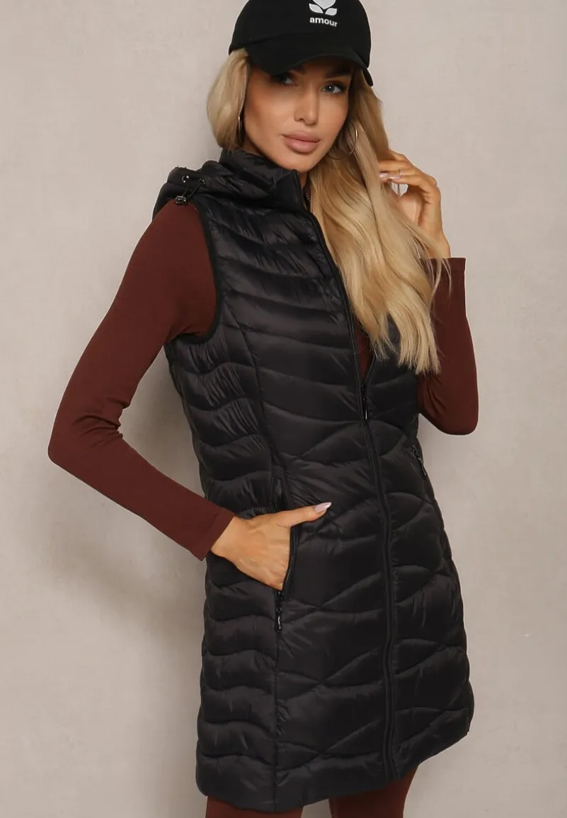 Czarna Kamizelka Pikowana z Kieszeniami i Odpinanym Kapturem Sailenne