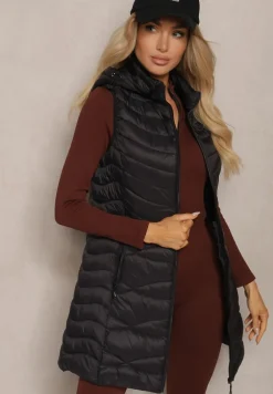 Czarna Kamizelka Pikowana z Kieszeniami i Odpinanym Kapturem Sailenne