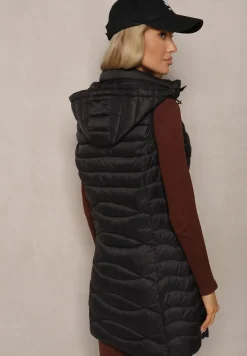 Czarna Kamizelka Pikowana z Kieszeniami i Odpinanym Kapturem Sailenne