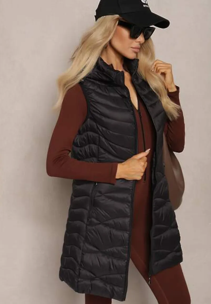 Czarna Kamizelka Pikowana z Kieszeniami i Odpinanym Kapturem Sailenne