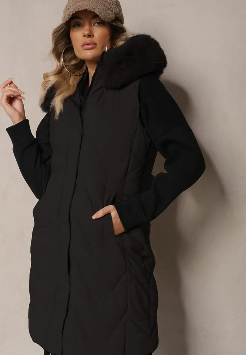 Czarna Kamizelka Pikowana z Kapturem i Odczepianym Futerkiem Innaleia