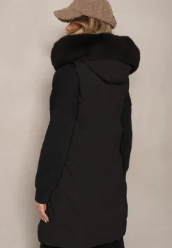 Czarna Kamizelka Pikowana z Kapturem i Odczepianym Futerkiem Innaleia