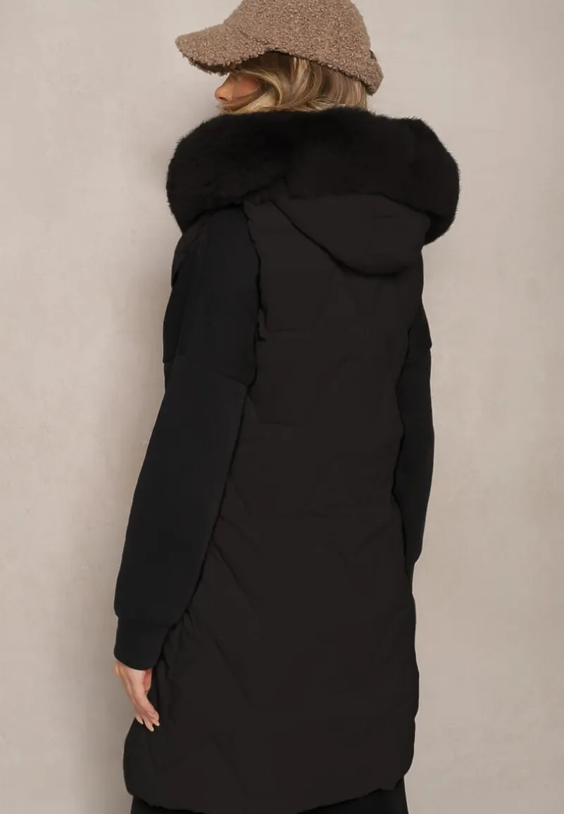 Czarna Kamizelka Pikowana z Kapturem i Odczepianym Futerkiem Innaleia