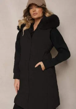 Czarna Kamizelka Pikowana z Kapturem i Odczepianym Futerkiem Innaleia