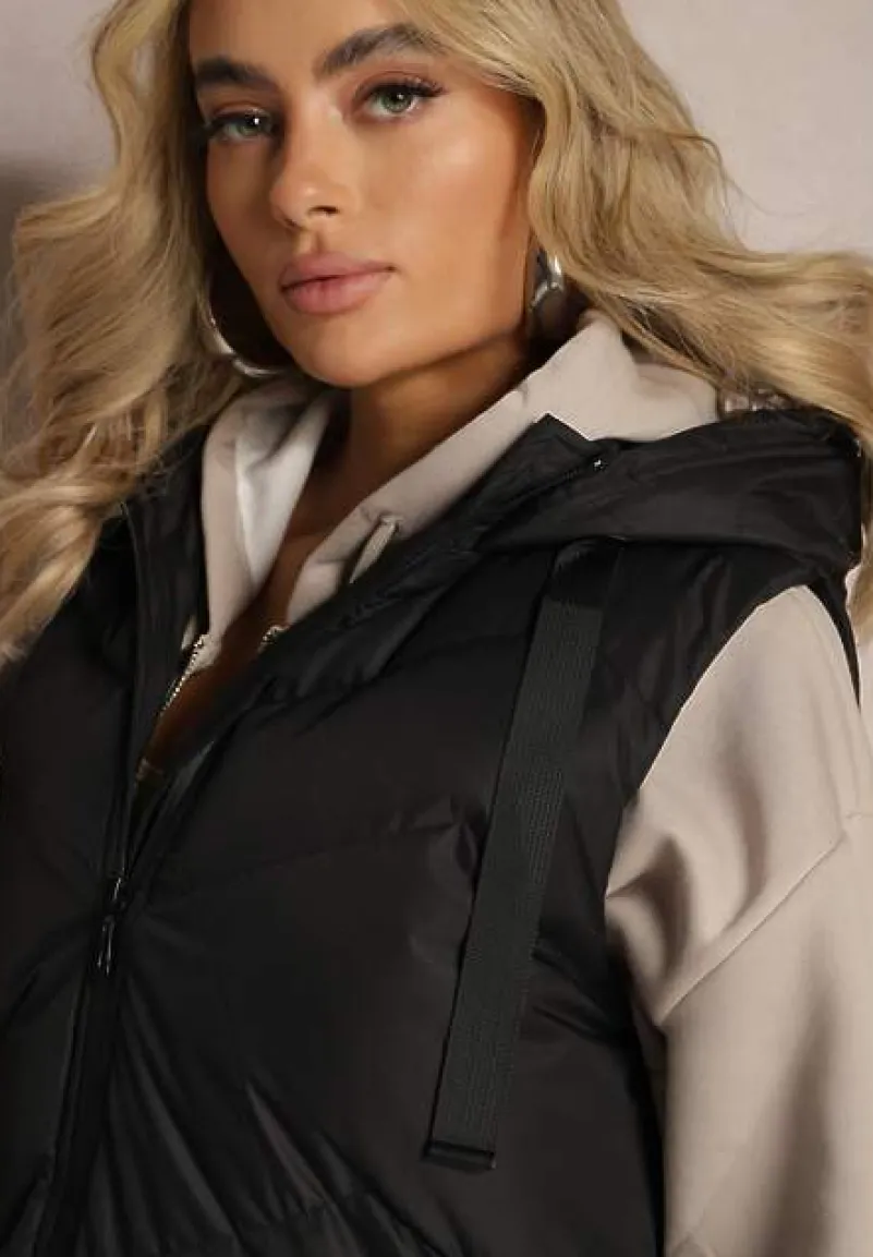 Czarna Kamizelka Pikowana z Kapturem Kasane