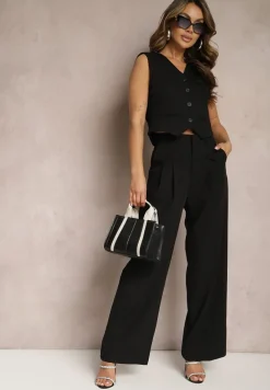 Czarna Kamizelka w Stylu Garniturowym z Imitacją Kieszonek Odinen