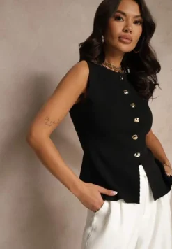 Czarna Kamizelka z Dzianiny z Wiskozą z Baskinką i Ozdobnymi Guzikami Lanelira