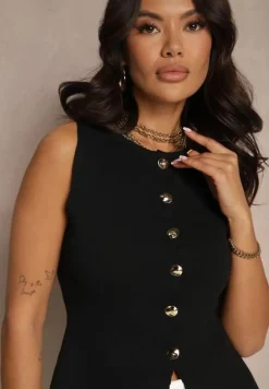 Czarna Kamizelka z Dzianiny z Wiskozą z Baskinką i Ozdobnymi Guzikami Lanelira