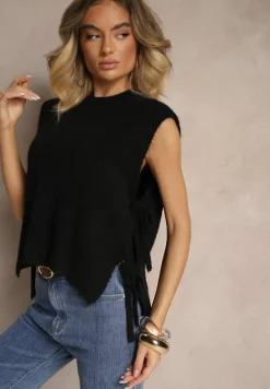 Czarna Kamizelka z Dzianiny z Wełną i Wiskozą Zdobiona Wiązaniami Annivoriae