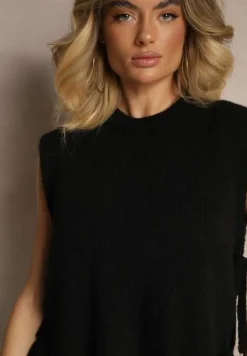 Czarna Kamizelka z Dzianiny z Wełną i Wiskozą Zdobiona Wiązaniami Annivoriae