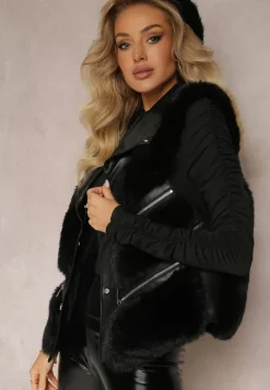 Czarna Kamizelka z Futerka Ozdobiona Wstawkami z Imitacji Skóry Cresstte