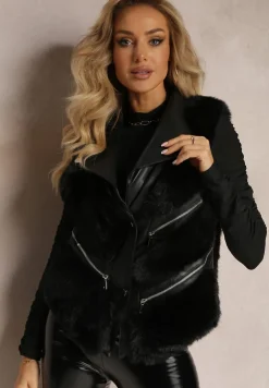 Czarna Kamizelka z Futerka Ozdobiona Wstawkami z Imitacji Skóry Cresstte