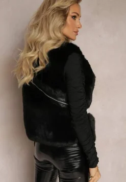 Czarna Kamizelka z Futerka Ozdobiona Wstawkami z Imitacji Skóry Cresstte