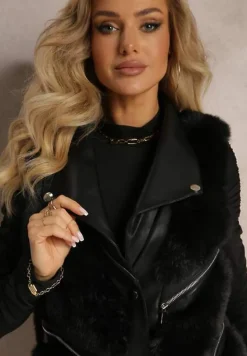 Czarna Kamizelka z Futerka Ozdobiona Wstawkami z Imitacji Skóry Cresstte