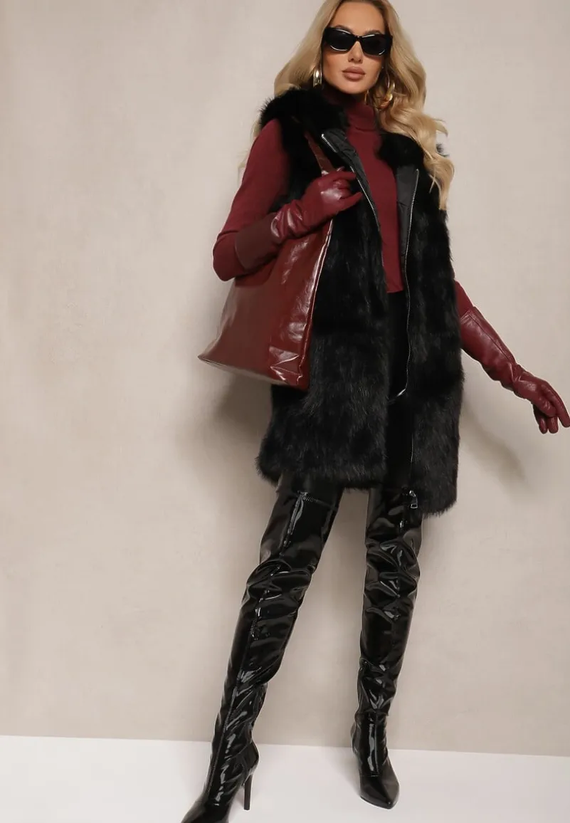 Czarna Kamizelka z Futerkiem i Kapturem o Prostym Kroju Sinavira