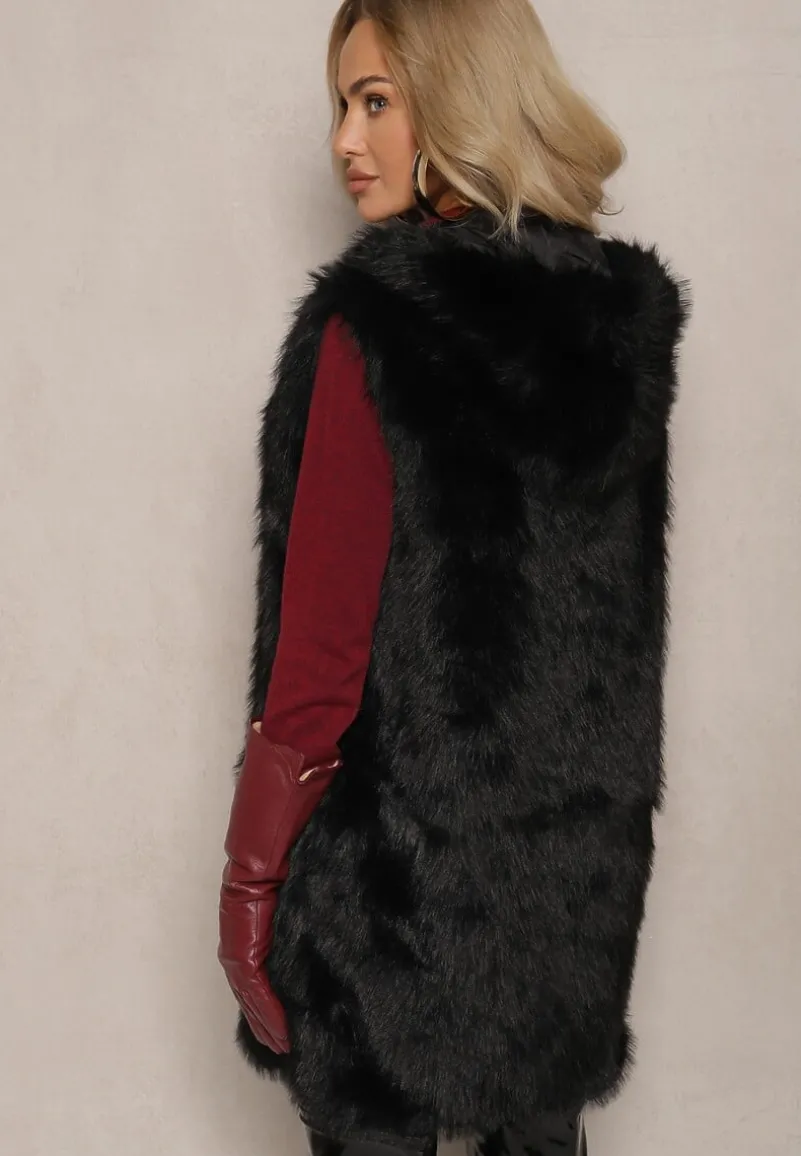 Czarna Kamizelka z Futerkiem i Kapturem o Prostym Kroju Sinavira