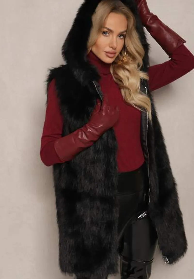 Czarna Kamizelka z Futerkiem i Kapturem o Prostym Kroju Sinavira