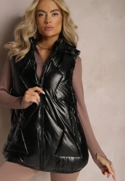 Czarna Kamizelka z Geometrycznym Pikowaniem i Kapturem Lucide