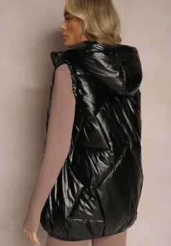 Czarna Kamizelka z Geometrycznym Pikowaniem i Kapturem Lucide