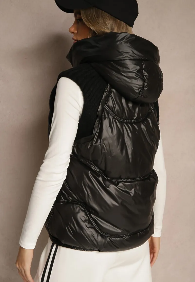 Czarna Kamizelka z Kapturem Wykończona Ściągaczami Timamar