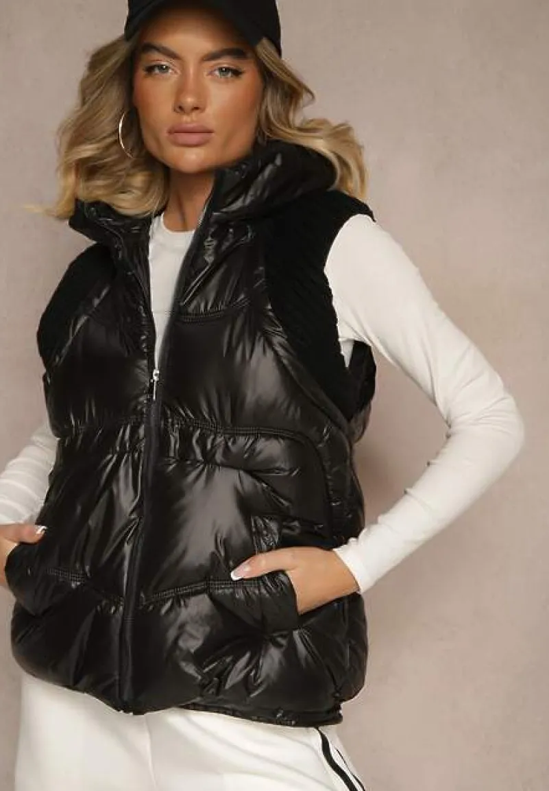 Czarna Kamizelka z Kapturem Wykończona Ściągaczami Timamar