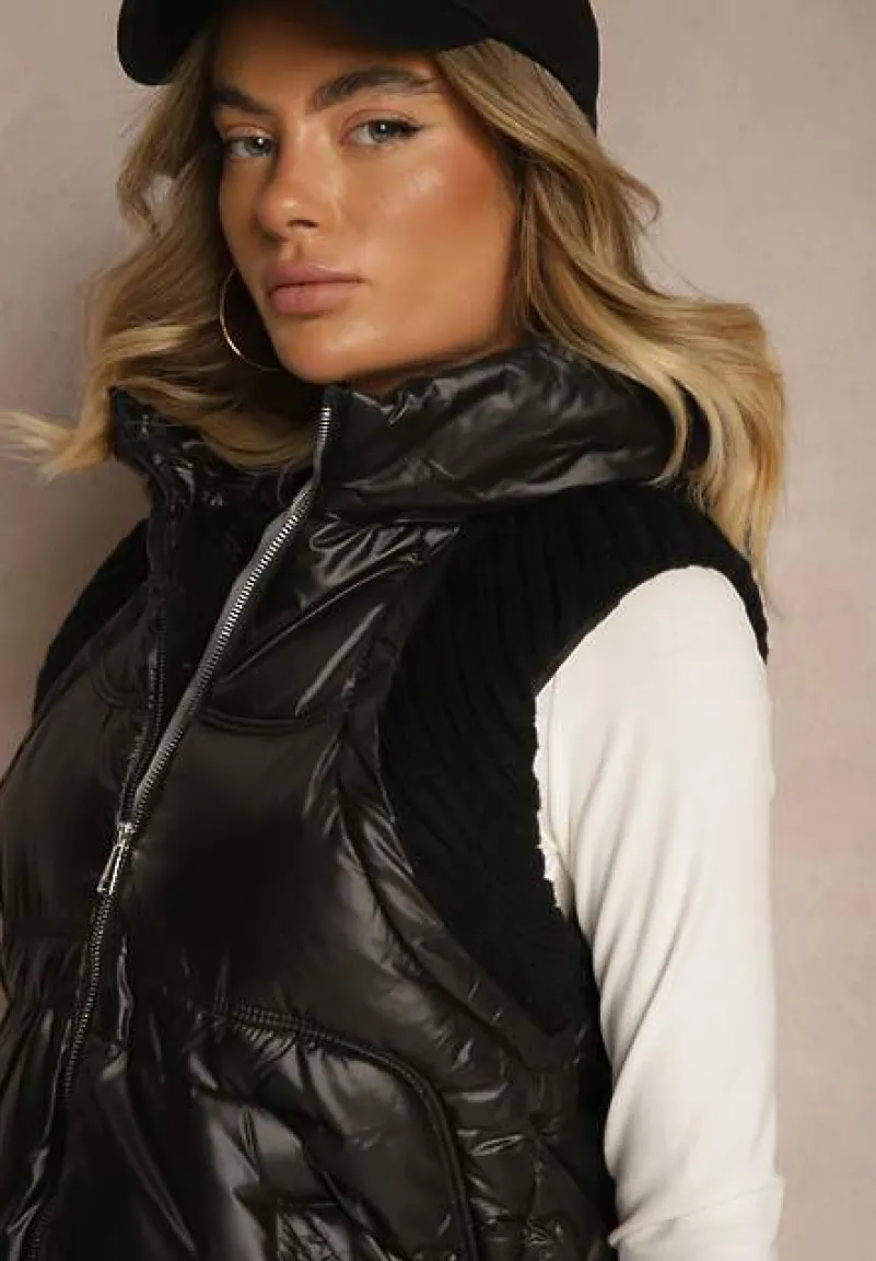 Czarna Kamizelka z Kapturem Wykończona Ściągaczami Timamar