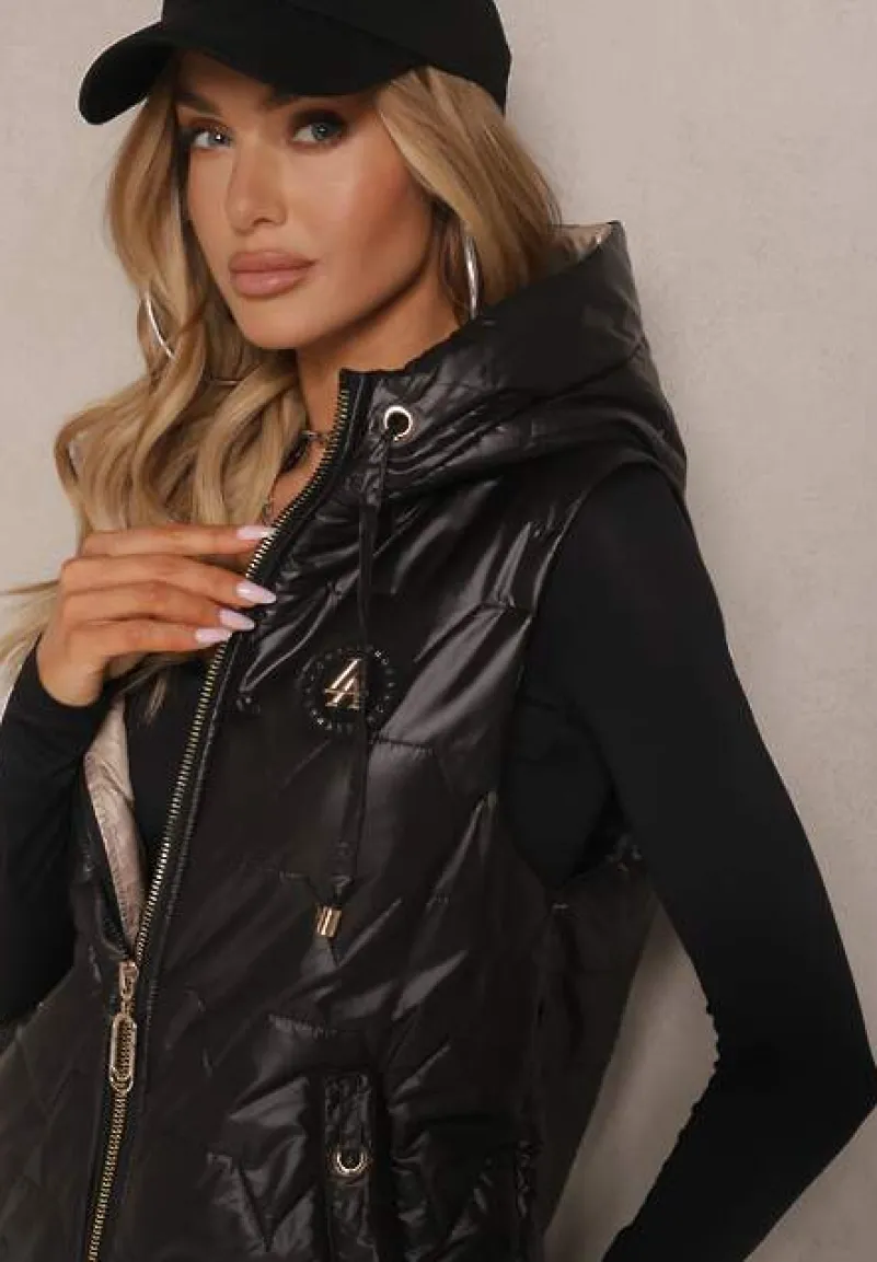 Czarna Kamizelka z Kapturem Ozdobą i Pikowaniem Desirala