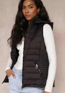 Czarna Kamizelka z Kapturem Pikowana Chela