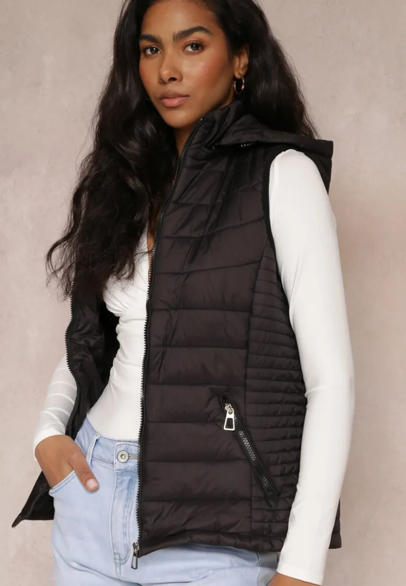 Czarna Kamizelka z Kapturem Pikowana Chela