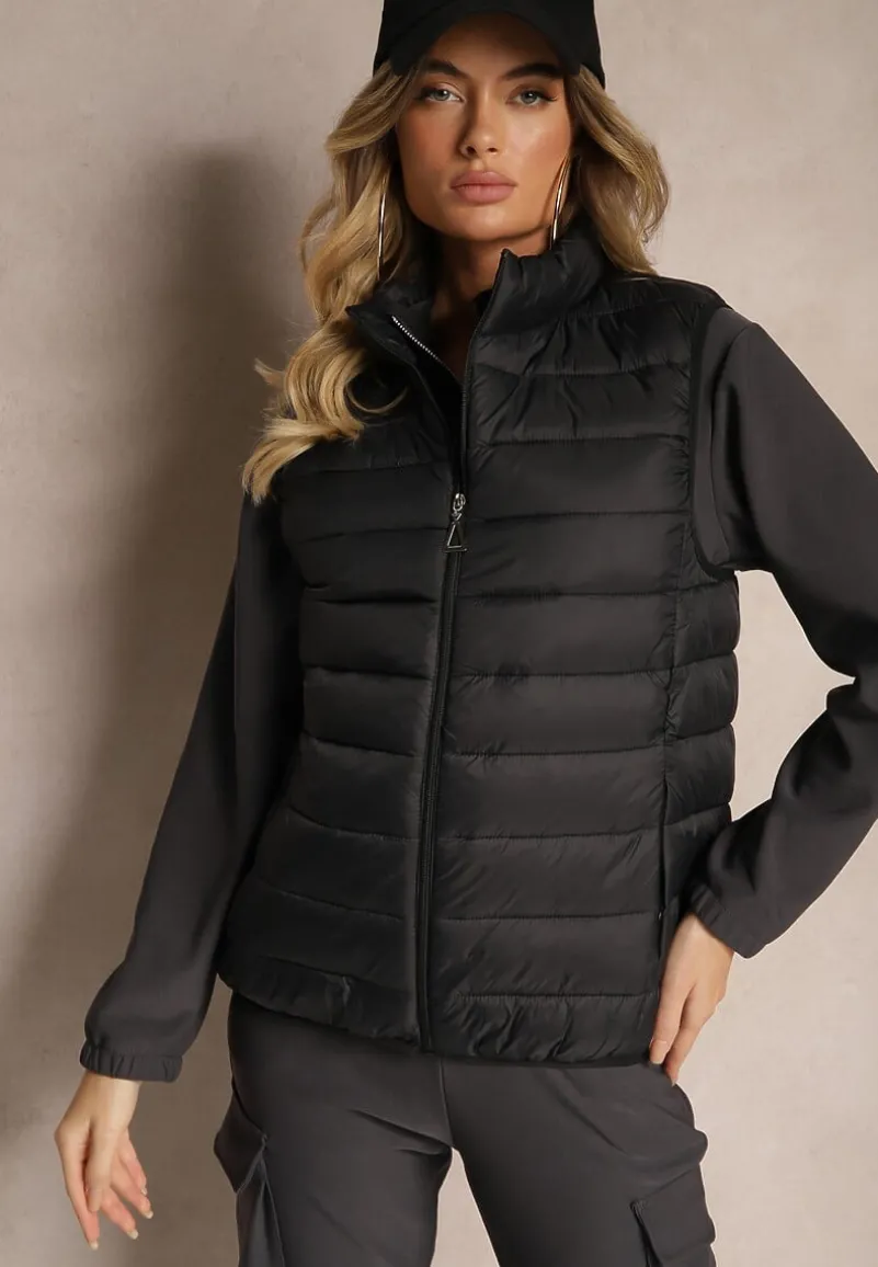 Czarna Kamizelka z Kieszeniami Pikowana Lorttia