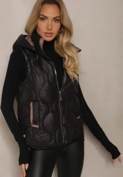 Czarna Kamizelka z Odpinanym Kapturem Ozdobnym Pikowaniem i Stoperami Liolena