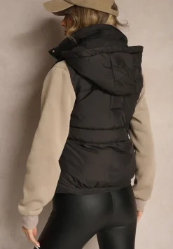 Czarna Kamizelka z Odpinanym Kapturem Ozdobiona Pikowaniem i Metalicznymi Dodatkami Sinthella