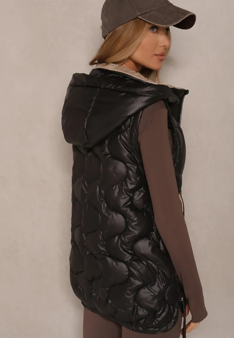 Czarna Kamizelka z Odpinanym Kapturem Ozdobnie Pikowana Silzeki