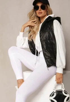 Czarna Kamizelka z Odpinanym Kapturem i Ozdobnym Pikowaniem Akkendia