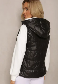 Czarna Kamizelka z Odpinanym Kapturem i Ozdobnym Pikowaniem Akkendia