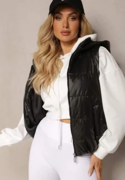 Czarna Kamizelka z Odpinanym Kapturem i Ozdobnym Pikowaniem Akkendia