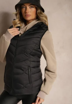 Czarna Kamizelka z Odpinanym Kapturem Ozdobiona Pikowaniem i Zasuwanymi Kieszeniami Valentea