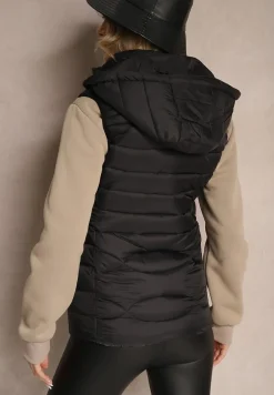 Czarna Kamizelka z Odpinanym Kapturem Ozdobiona Pikowaniem i Zasuwanymi Kieszeniami Valentea