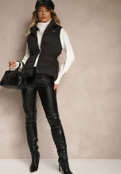 Czarna Kamizelka z Odpinanym Kapturem Ozdobiona Pikowaniem i Paskiem z Marszczeniem Inathria