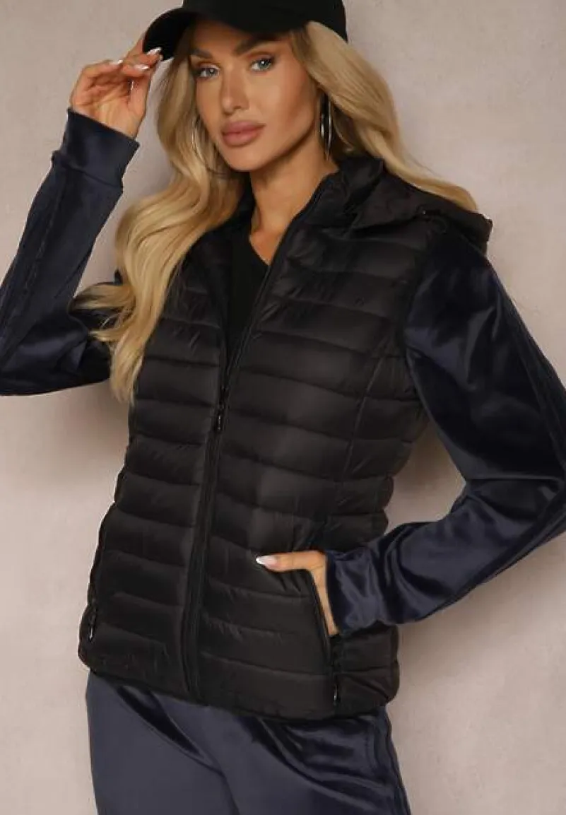 Czarna Kamizelka z Odpinanym Kapturem Ozdobiona Pikowaniem Mailaya