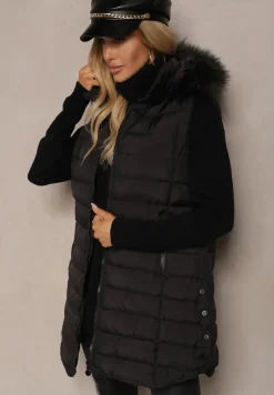 Czarna Kamizelka z Pikowanymi Przeszyciami Kieszeniami i Kapturem z Futrem Seaniiea
