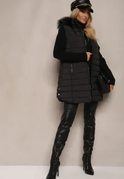 Czarna Kamizelka z Pikowanymi Przeszyciami Kieszeniami i Kapturem z Futrem Seaniiea