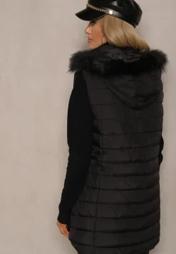 Czarna Kamizelka z Pikowanymi Przeszyciami o Klasycznym Kroju z Kapturem Zeriyana