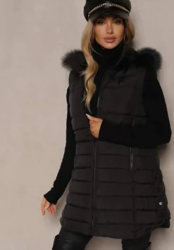 Czarna Kamizelka z Pikowanymi Przeszyciami o Klasycznym Kroju z Kapturem Zeriyana