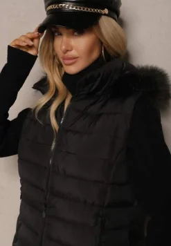 Czarna Kamizelka z Pikowanymi Przeszyciami o Klasycznym Kroju z Kapturem Zeriyana