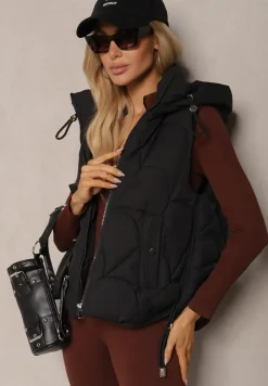 Czarna Kamizelka z Sorony z Kapturem i Kieszeniami z Pikowanym Przeszyciem Nairora