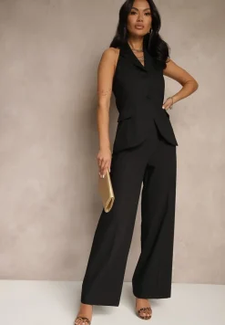 Czarna Kamizelka z Wiskozą z Dekoltem Halter Zdobiona Imitacją Kieszeni Rosadriella