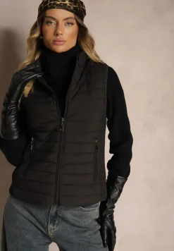 Czarna Kamizelka ze Stójką z Pikowaniem i Kieszeniami Valoreth