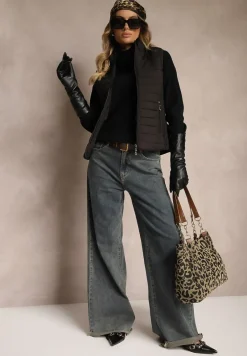 Czarna Kamizelka ze Stójką z Pikowaniem i Kieszeniami Valoreth