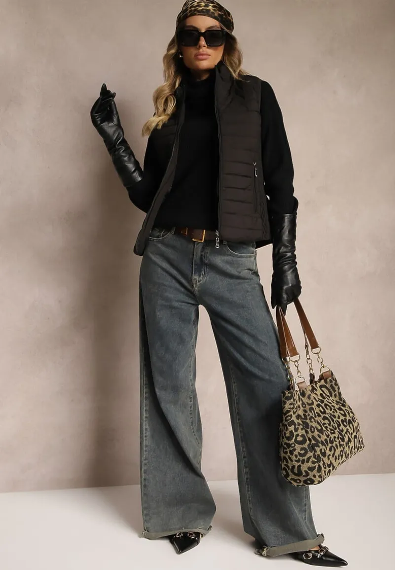 Czarna Kamizelka ze Stójką z Pikowaniem i Kieszeniami Valoreth